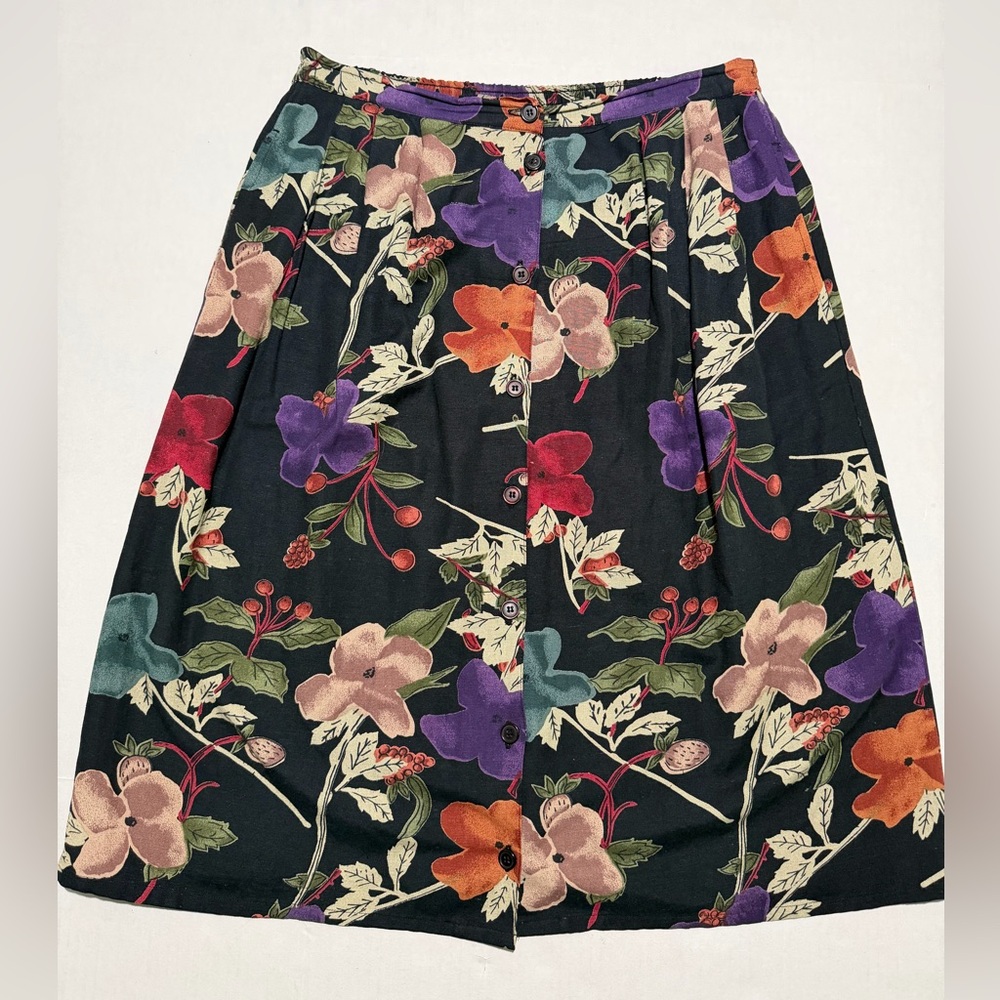 vintage item eyes brand black floral aop button‎ up skirt, women's medium #1414